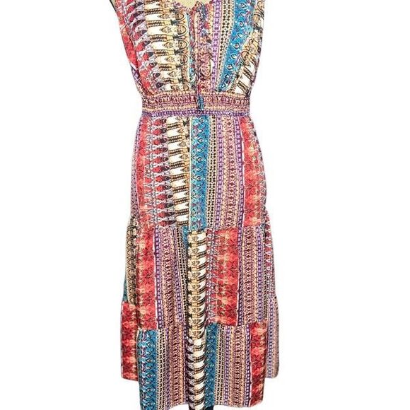 Boho Midi Sundress 1X Tiered Flowy Dress Smocked Adjustable Straps Tribal Print - Picture 4 of 14